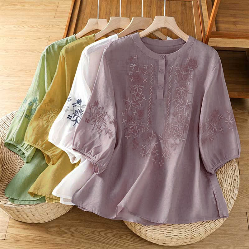 Buddha Stones Summer Casual Vintage Embroidery Floral Women's Short Sleeve Shirts - image 27
