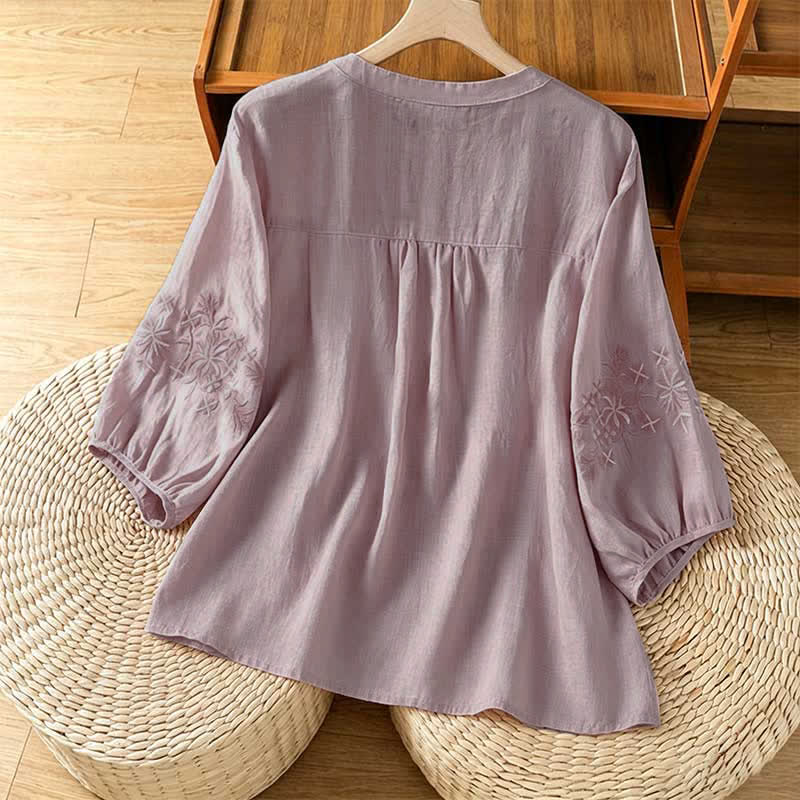 Buddha Stones Summer Casual Vintage Embroidery Floral Women's Short Sleeve Shirts - image 7