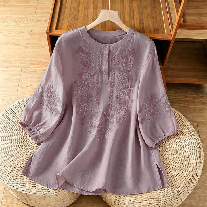 Buddha Stones Summer Casual Vintage Embroidery Floral Women's Short Sleeve Shirts - Lavender - US8-10, UK/AU12-14, EU40-42 (2XL) - image 6
