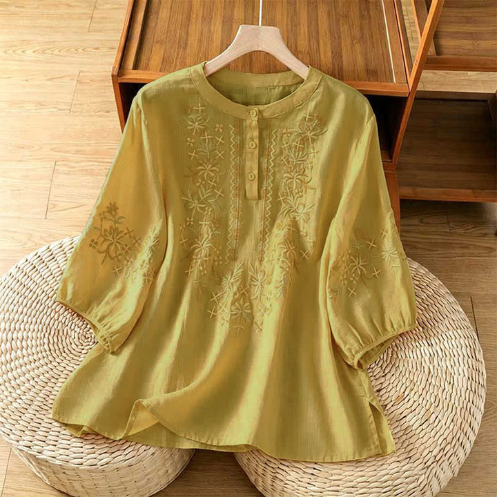 Buddha Stones Summer Casual Vintage Embroidery Floral Women's Short Sleeve Shirts - Khaki - US8-10, UK/AU12-14, EU40-42 (2XL) - image 13