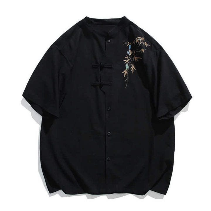 Buddha Stones Summer Tang Style Mandarin Collar Frog Button Leaf Embroidery Men's Short Sleeve Shirts - Black - US/UK/AU46, EU56 (5XL) - image 0