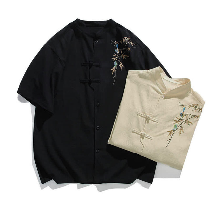 Buddha Stones Summer Tang Style Mandarin Collar Frog Button Leaf Embroidery Men's Short Sleeve Shirts - image 16