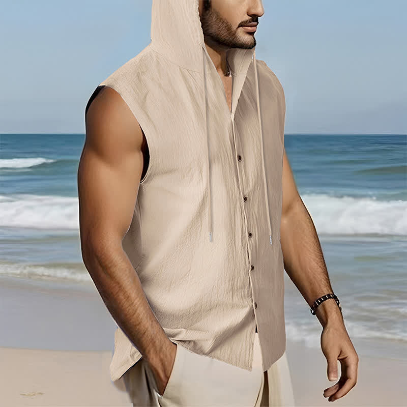 Buddha Stones Summer Casual Minimalist Button-Up Drawstring Solid Tank Top Men's Sleeveless Shirts - image 4