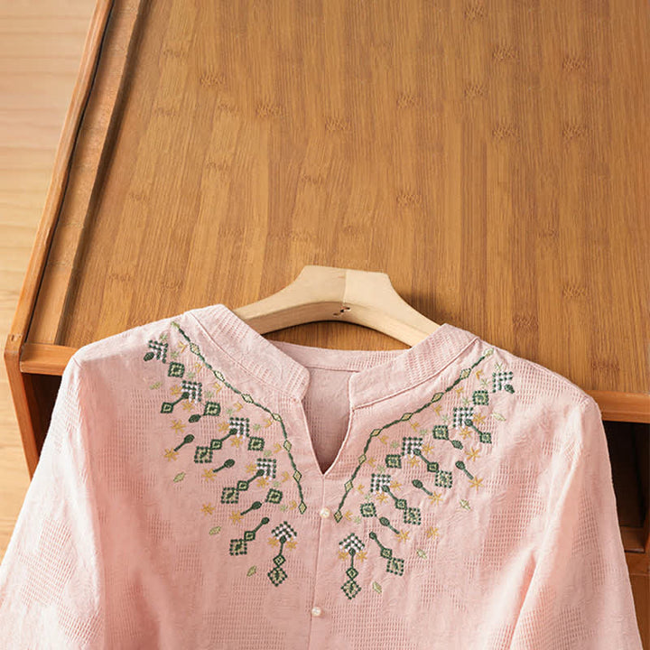 Buddha Stones Summer Casual Boho Geometry Embroidery Floral V-Neck Women's Three-Quarter Sleeve Shirts - image 9