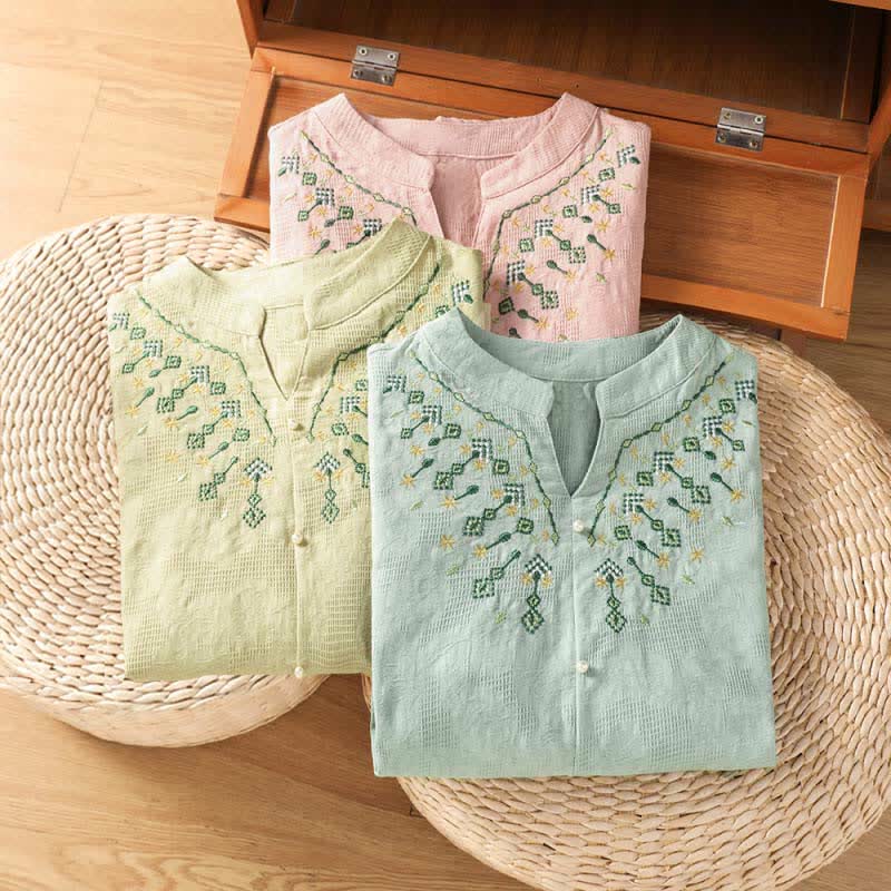 Buddha Stones Summer Casual Boho Geometry Embroidery Floral V-Neck Women's Three-Quarter Sleeve Shirts - image 23