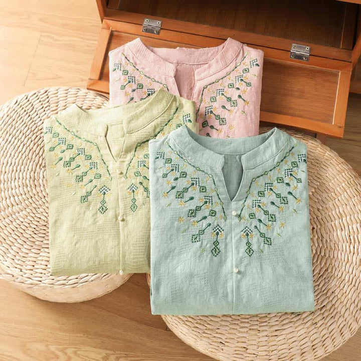 Buddha Stones Summer Casual Boho Geometry Embroidery Floral V-Neck Women's Three-Quarter Sleeve Shirts - image 23
