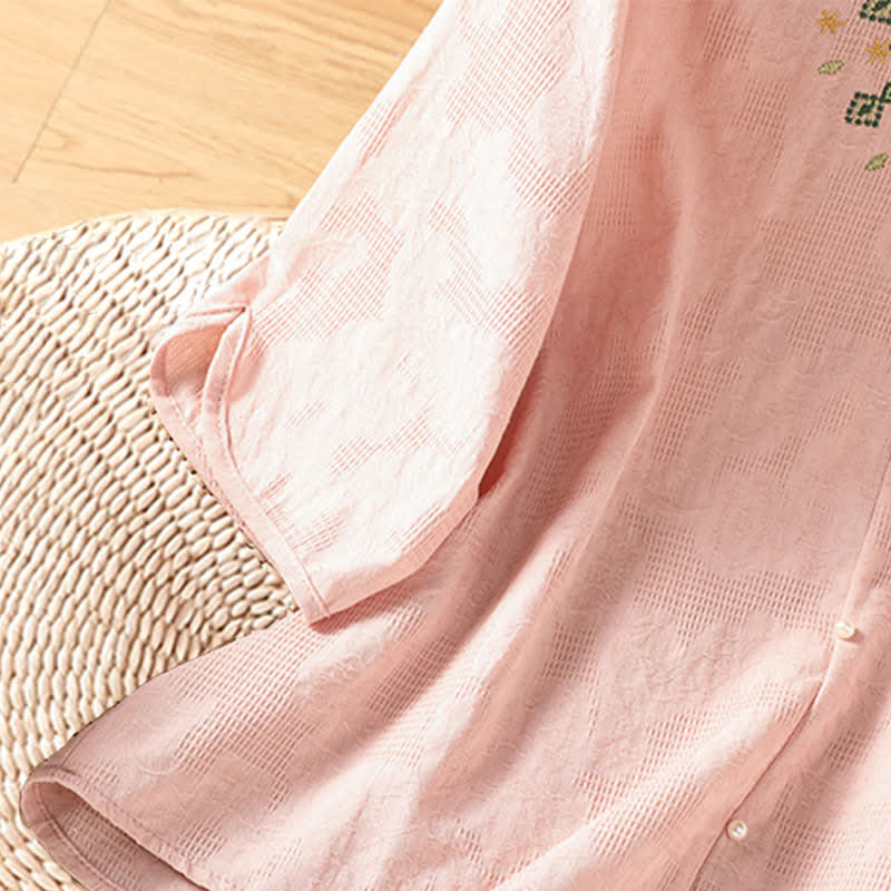 Buddha Stones Summer Casual Boho Geometry Embroidery Floral V-Neck Women's Three-Quarter Sleeve Shirts - image 12
