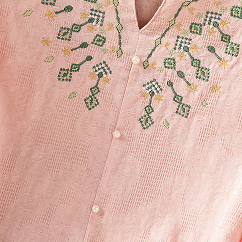 Buddha Stones Summer Casual Boho Geometry Embroidery Floral V-Neck Women's Three-Quarter Sleeve Shirts - image 11