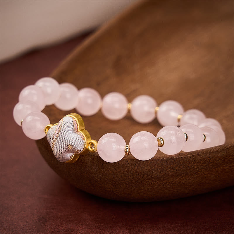 Buddha Stones Rose Quartz Song Brocade Four-leaf Clover Blessing Handmade Charm Bracelet - image 2
