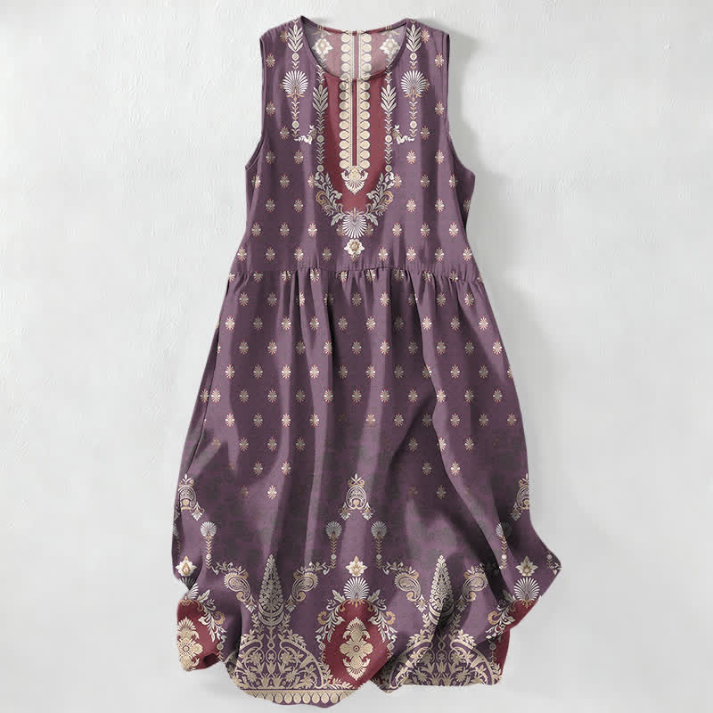 Buddha Stones Summer Casual Pink Ethnic Floral Pattern Women's Summer Sleeveless Midi Dress With Pockets - Purple - US16，UK/AU20，EU48 (3XL) - image 4