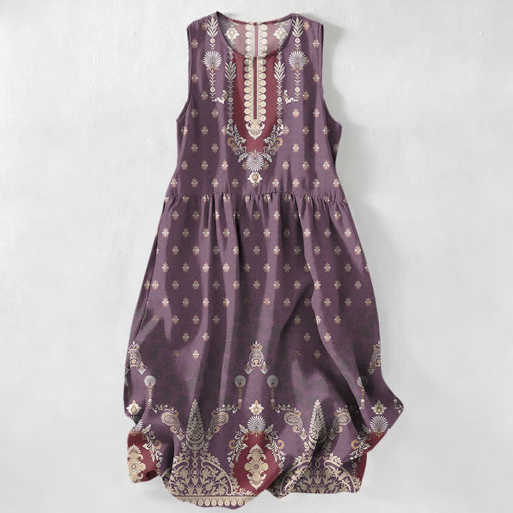 Buddha Stones Summer Casual Pink Ethnic Floral Pattern Women's Summer Sleeveless Midi Dress With Pockets - Purple - US16，UK/AU20，EU48 (3XL) - image 4