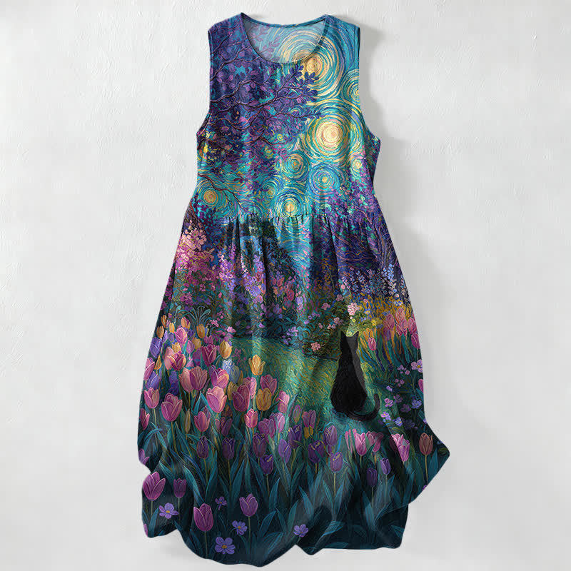 Buddha Stones Summer Casual Oil Painting Style Floral Swirl With Black Cat Pattern Women's Summer Sleeveless Midi Dress With Pockets - DodgerBlue - US16，UK/AU20，EU48 (3XL) - image 0