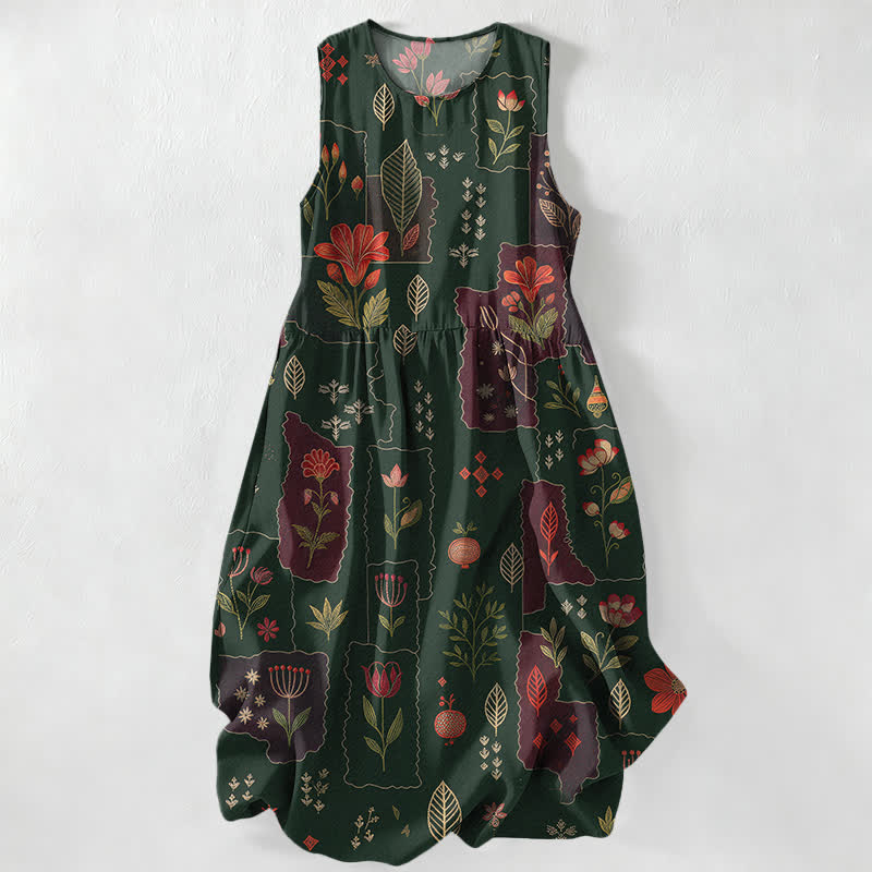 Buddha Stones Summer Casual Vintage Floral Patchwork Leaves Pattern Women's Summer Sleeveless Midi Dress With Pockets - DarkGreen - US16，UK/AU20，EU48 (3XL) - image 0