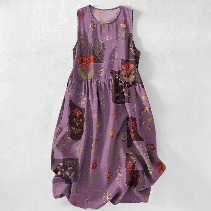 Buddha Stones Summer Casual Vintage Floral Patchwork Leaves Pattern Women's Summer Sleeveless Midi Dress With Pockets - MediumPurple - US16，UK/AU20，EU48 (3XL) - image 4