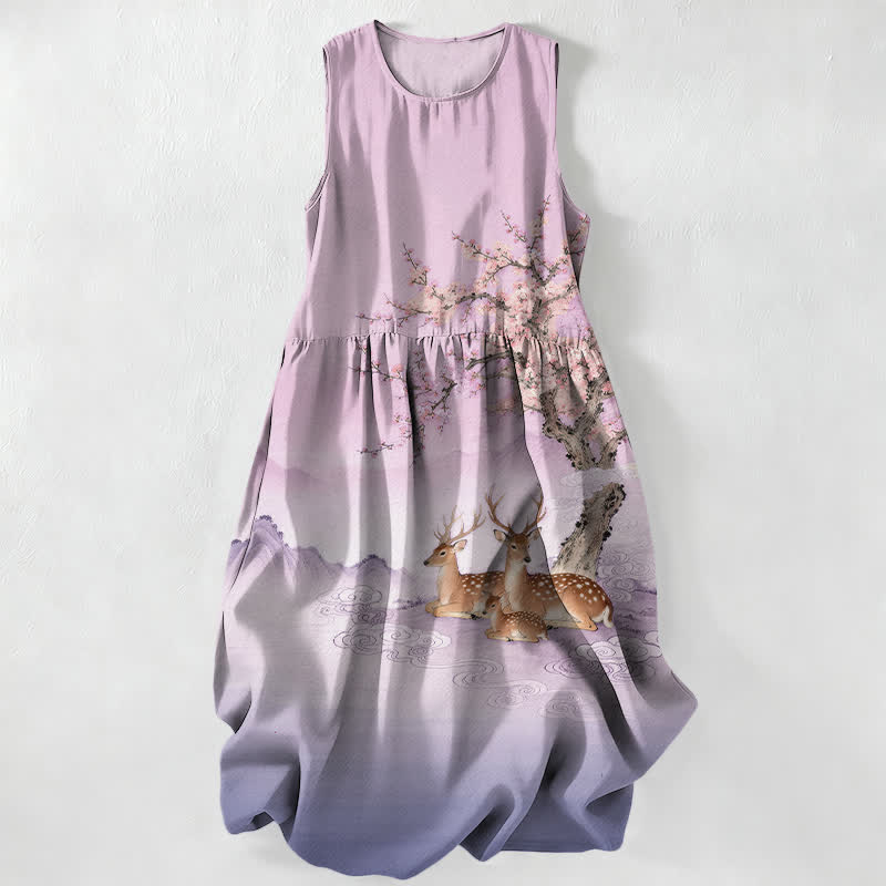 Buddha Stones Summer Casual Peach Blossom Tree Sika Deer Landscape Pattern Women's Summer Sleeveless Midi Dress With Pockets - Thistle - US16，UK/AU20，EU48 (3XL) - image 4