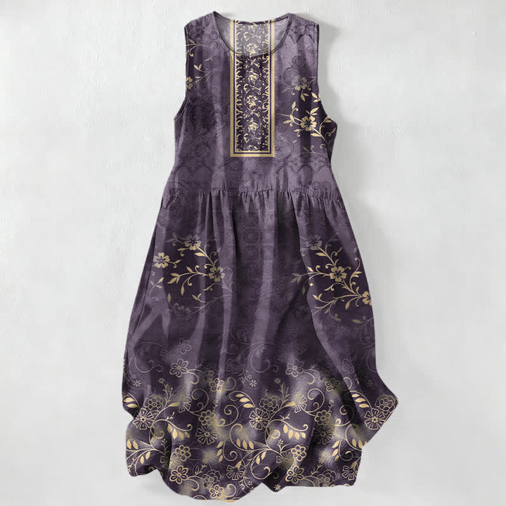 Buddha Stones Summer Casual Vintage Floral Vine Pattern Women's Summer Sleeveless Midi Dress With Pockets - DarkOrchid - US16，UK/AU20，EU48 (3XL) - image 5