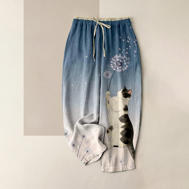 Buddha Stones Pure Cotton Dreamy Cow Cat Dandelion Pattern Women's Elastic Waist Pants With Pockets - SteelBlue - US16，UK/AU20，EU48 (3XL) - image 4