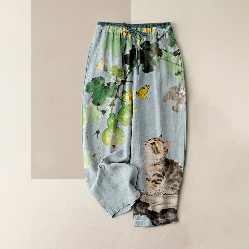 Buddha Stones Pure Cotton Gourd Vines Yellow Butterfly Cat Pattern Women's Elastic Waist Pants With Pockets - LightSteelBlue - US16，UK/AU20，EU48 (3XL) - image 3