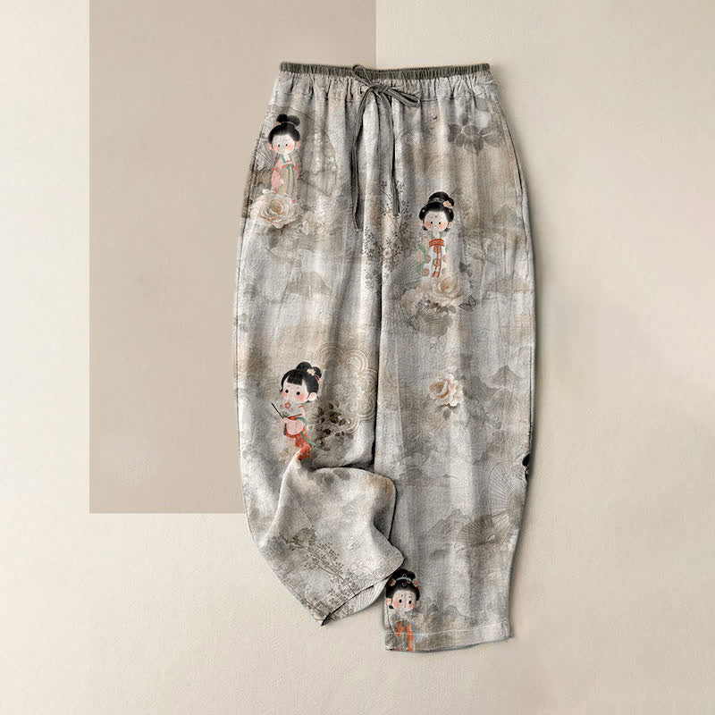 Buddha Stones Pure Cotton Vintage Geisha Floral Pattern Women's Elastic Waist Pants With Pockets - Silver - US16，UK/AU20，EU48 (3XL) - image 3