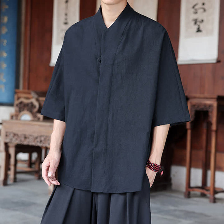 Buddha Stones Spring Summer Tang Style Minimalist Pankou Solid Men's Elbow-Length Shirts - image 11
