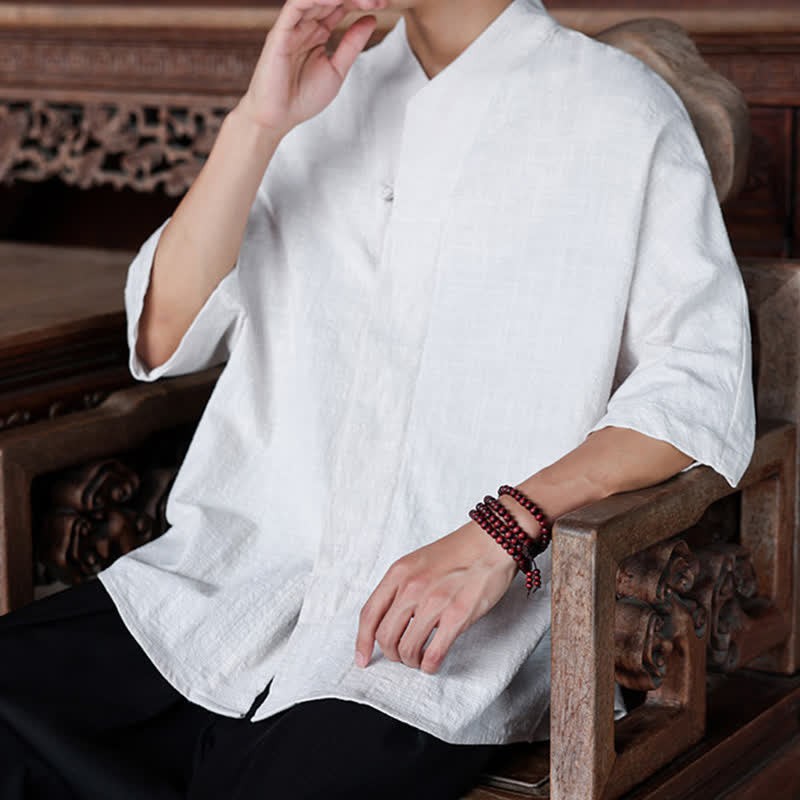 Buddha Stones Spring Summer Tang Style Minimalist Pankou Solid Men's Elbow-Length Shirts - image 25