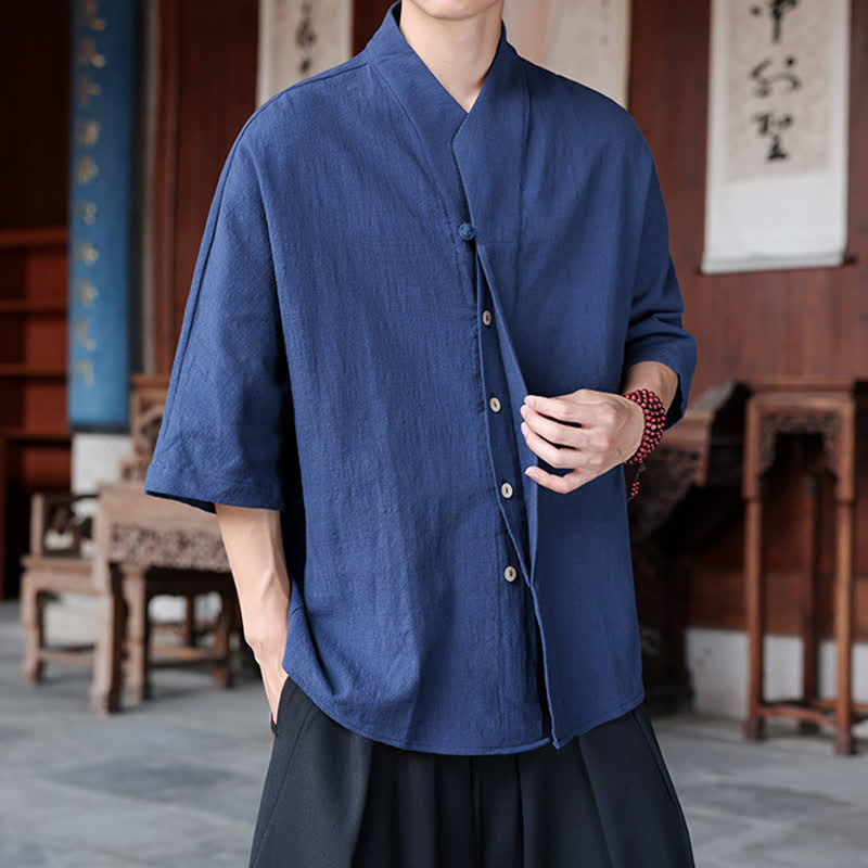 Buddha Stones Spring Summer Tang Style Minimalist Pankou Solid Men's Elbow-Length Shirts - image 4