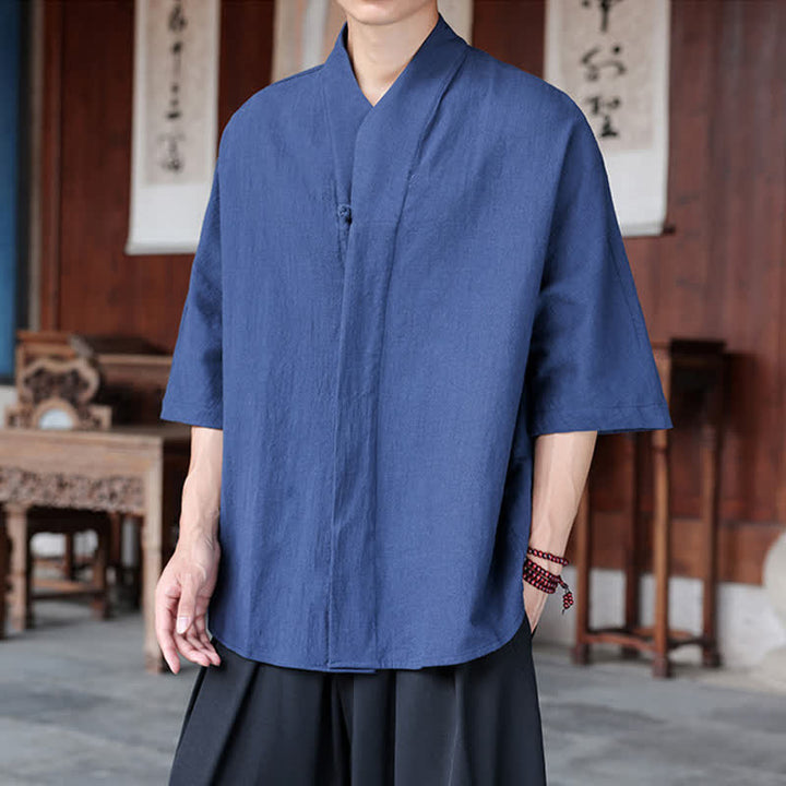 Buddha Stones Spring Summer Tang Style Minimalist Pankou Solid Men's Elbow-Length Shirts - image 5