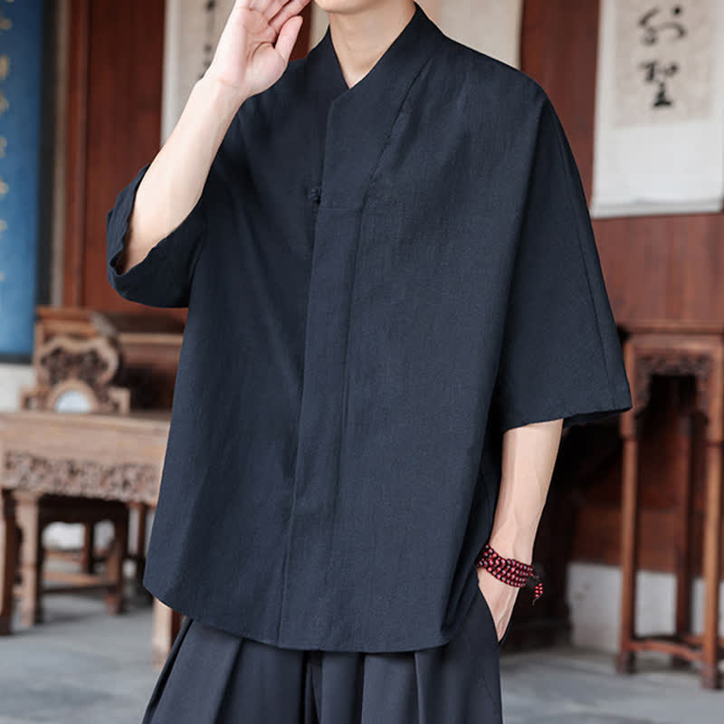Buddha Stones Spring Summer Tang Style Minimalist Pankou Solid Men's Elbow-Length Shirts - image 14
