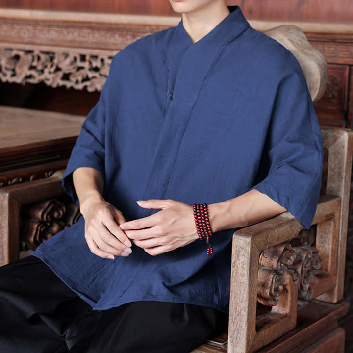 Buddha Stones Spring Summer Tang Style Minimalist Pankou Solid Men's Elbow-Length Shirts - image 8