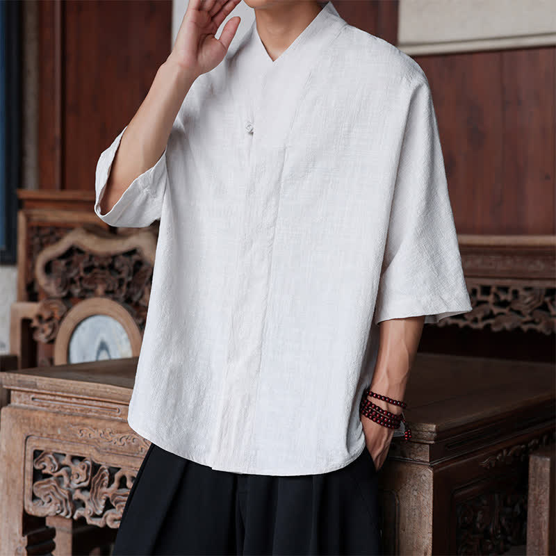 Buddha Stones Spring Summer Tang Style Minimalist Pankou Solid Men's Elbow-Length Shirts - image 22
