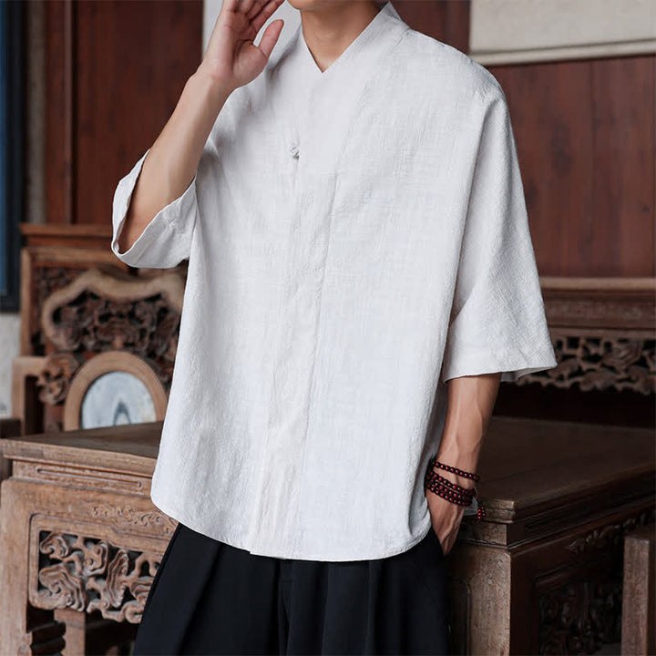 Buddha Stones Spring Summer Tang Style Minimalist Pankou Solid Men's Elbow-Length Shirts - image 22