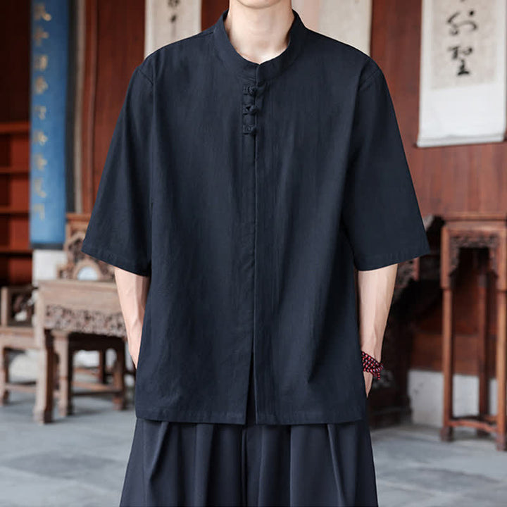 Buddha Stones Spring Summer Tang Style Casual Frog Button Solid Cotton Linen Men's Elbow-Length Sleeve Shirts - Black - US/UK/AU46，EU56 (5XL) - image 9