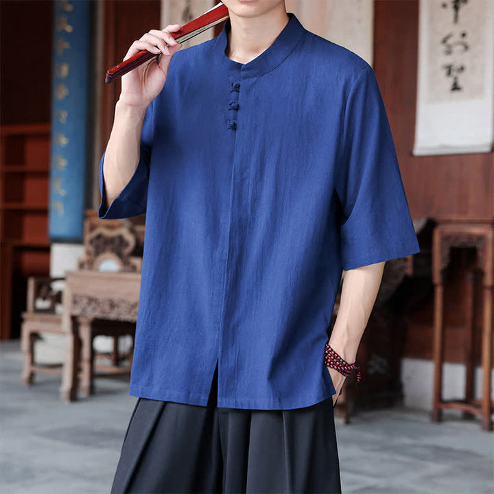 Buddha Stones Spring Summer Tang Style Casual Frog Button Solid Cotton Linen Men's Elbow-Length Sleeve Shirts - image 5