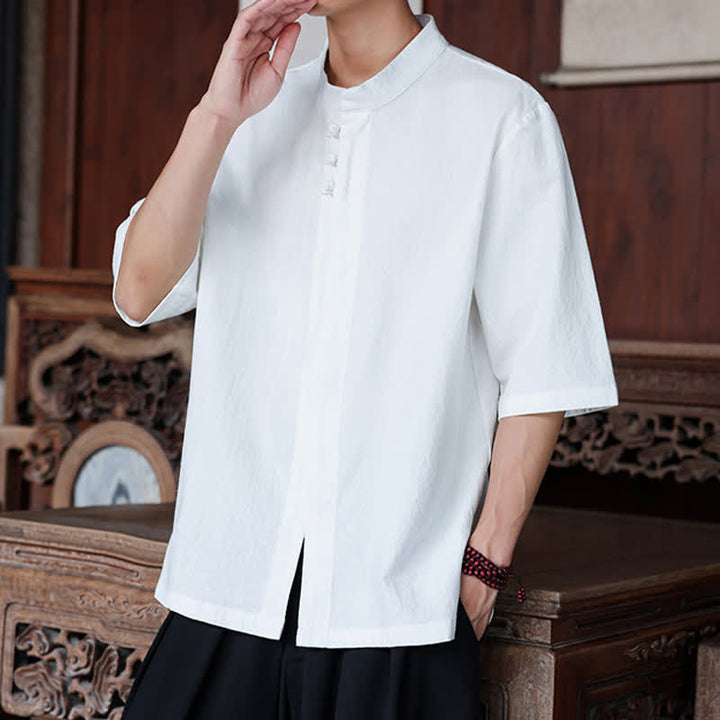 Buddha Stones Spring Summer Tang Style Casual Frog Button Solid Cotton Linen Men's Elbow-Length Sleeve Shirts - image 24