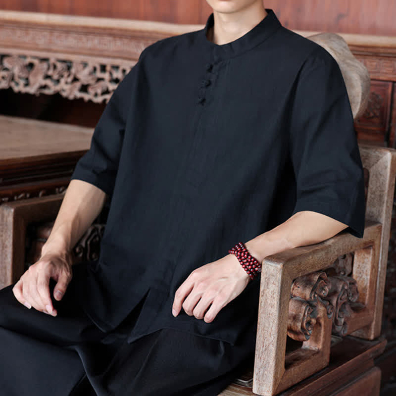 Buddha Stones Spring Summer Tang Style Casual Frog Button Solid Cotton Linen Men's Elbow-Length Sleeve Shirts - image 17