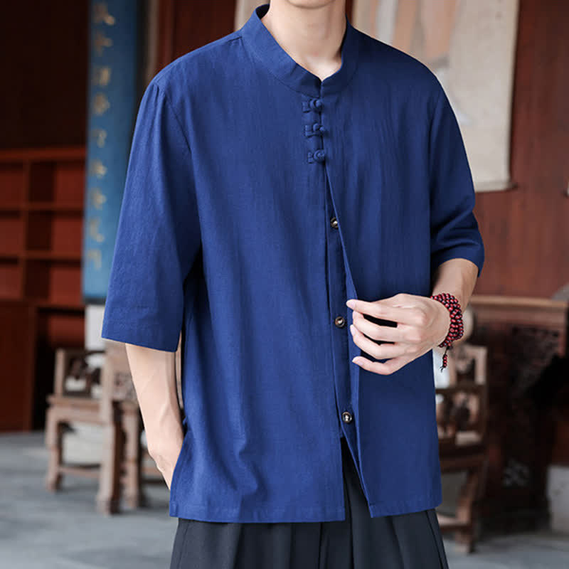 Buddha Stones Spring Summer Tang Style Casual Frog Button Solid Cotton Linen Men's Elbow-Length Sleeve Shirts - image 4