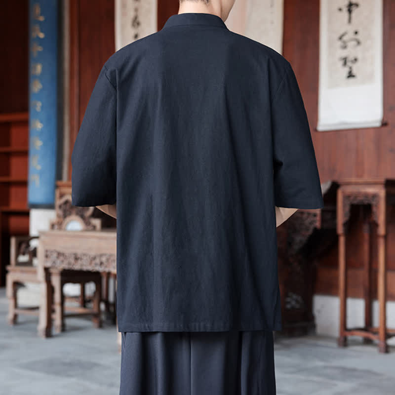 Buddha Stones Spring Summer Tang Style Casual Frog Button Solid Cotton Linen Men's Elbow-Length Sleeve Shirts - image 13