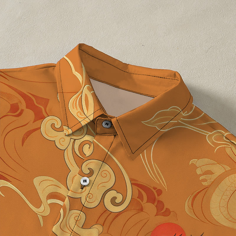 Buddha Stones Auspicious Cloud Celestial Crane Pattern Buttons Breathable Men's Short Sleeve Shirt - image 2