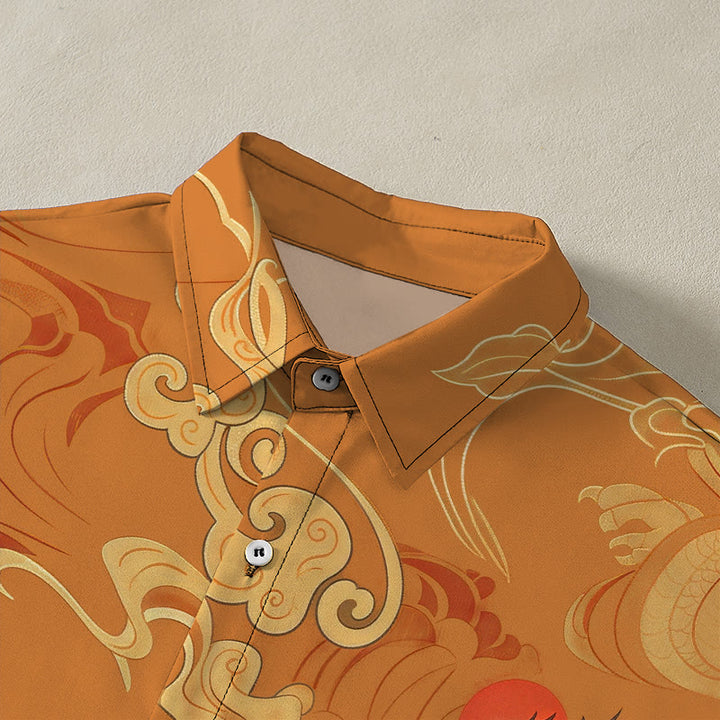 Buddha Stones Auspicious Cloud Celestial Crane Pattern Buttons Breathable Men's Short Sleeve Shirt - image 2