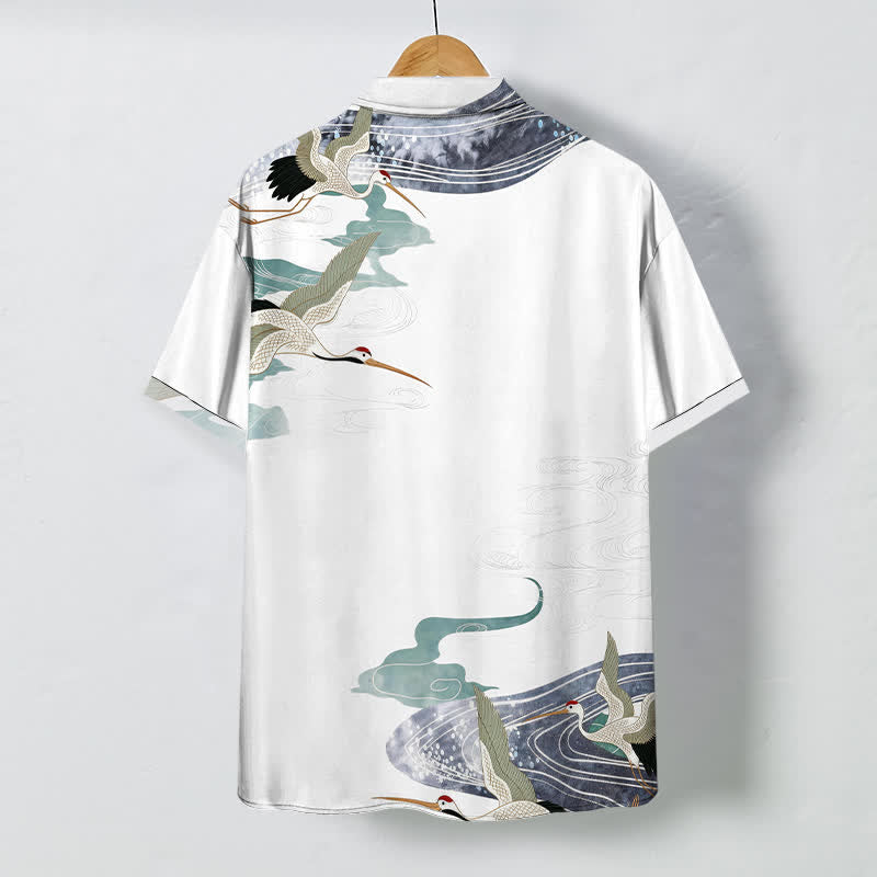 Buddha Stones Crane Wave Cloud Pattern Buttons Breathable Men's Short Sleeve Shirt - image 1