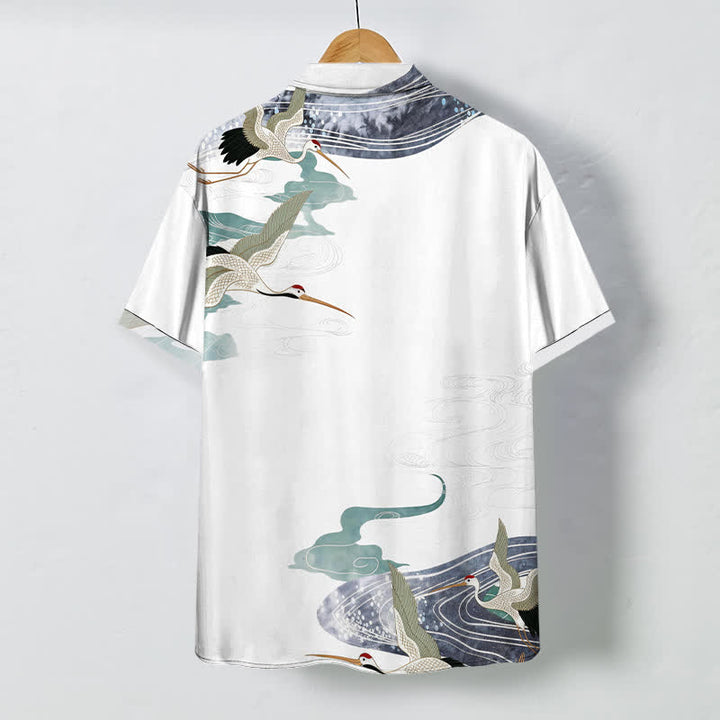 Buddha Stones Crane Wave Cloud Pattern Buttons Breathable Men's Short Sleeve Shirt - image 1