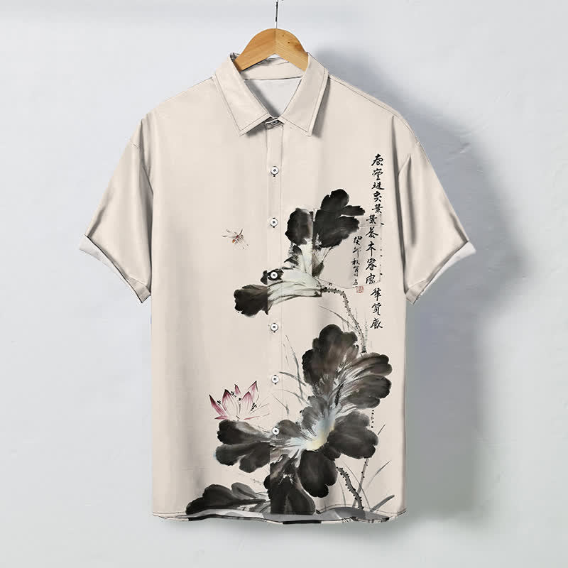 Buddha Stones Ink Floral Calligraphy Pattern Buttons Breathable Men's Short Sleeve Shirt - Beige - US/UK/AU48，EU58 (4XL) - image 0