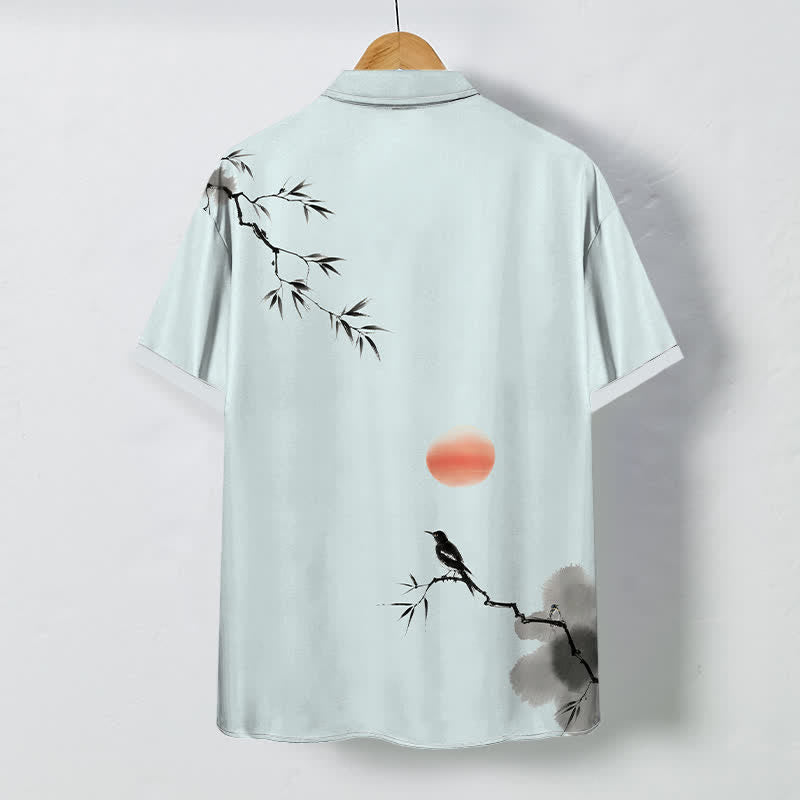 Buddha Stones Ink Bamboo Bird Sun Pattern Buttons Breathable Men's Short Sleeve Shirt - image 6