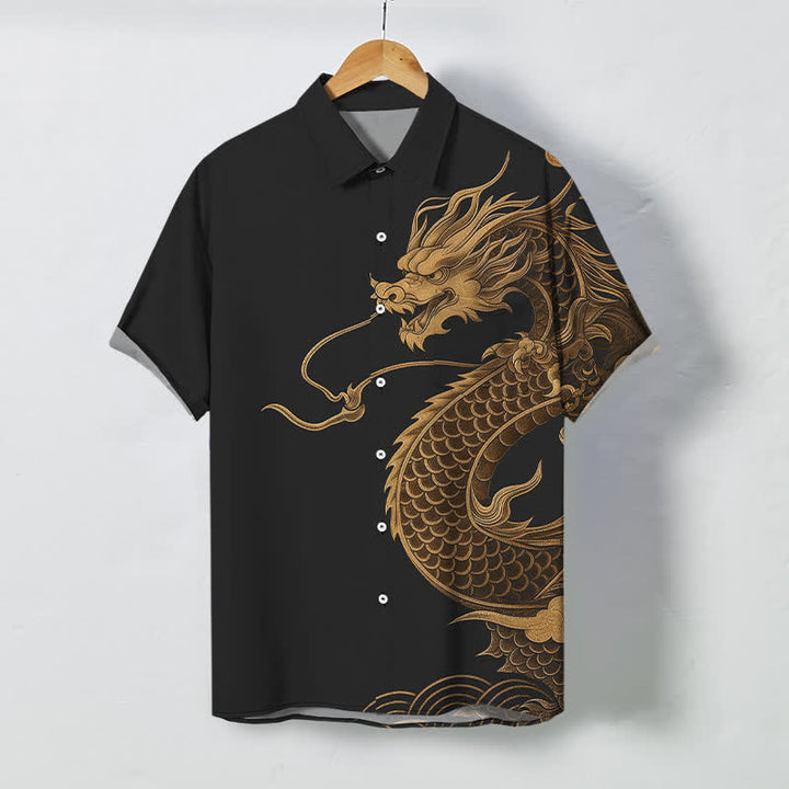 Buddha Stones Golden Eastern Dragon Pattern Buttons Breathable Men's Short Sleeve Shirt - Black - US/UK/AU48，EU58 (4XL) - image 5