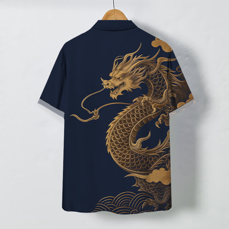 Buddha Stones Golden Eastern Dragon Pattern Buttons Breathable Men's Short Sleeve Shirt - image 8