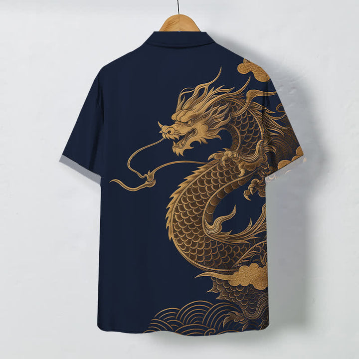 Buddha Stones Golden Eastern Dragon Pattern Buttons Breathable Men's Short Sleeve Shirt - image 8
