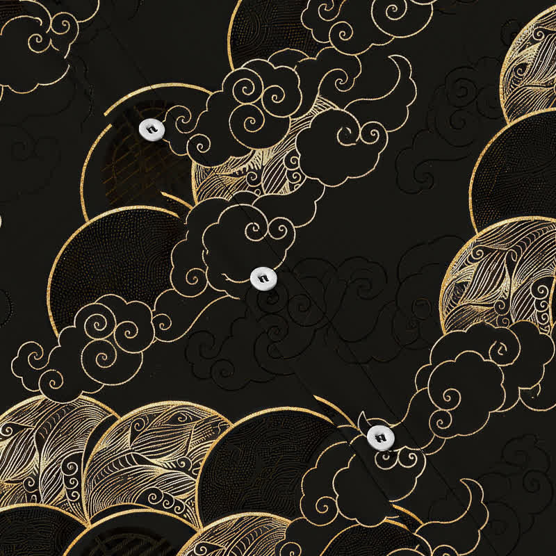 Buddha Stones Golden Cloud Wave Moon Pattern Buttons Breathable Men's Short Sleeve Shirt - image 3