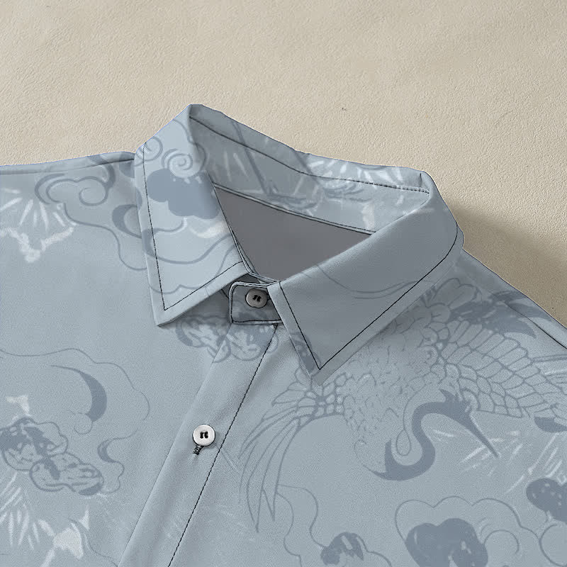 Buddha Stones Cloud Crane Pattern Buttons Breathable Men's Short Sleeve Shirt - image 2