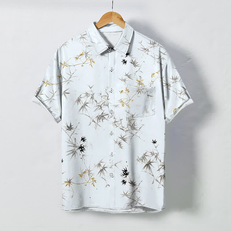 Buddha Stones Ink Bamboo Leaves Pattern Buttons Breathable Men's Short Sleeve Shirt - White - US/UK/AU48，EU58 (4XL) - image 0