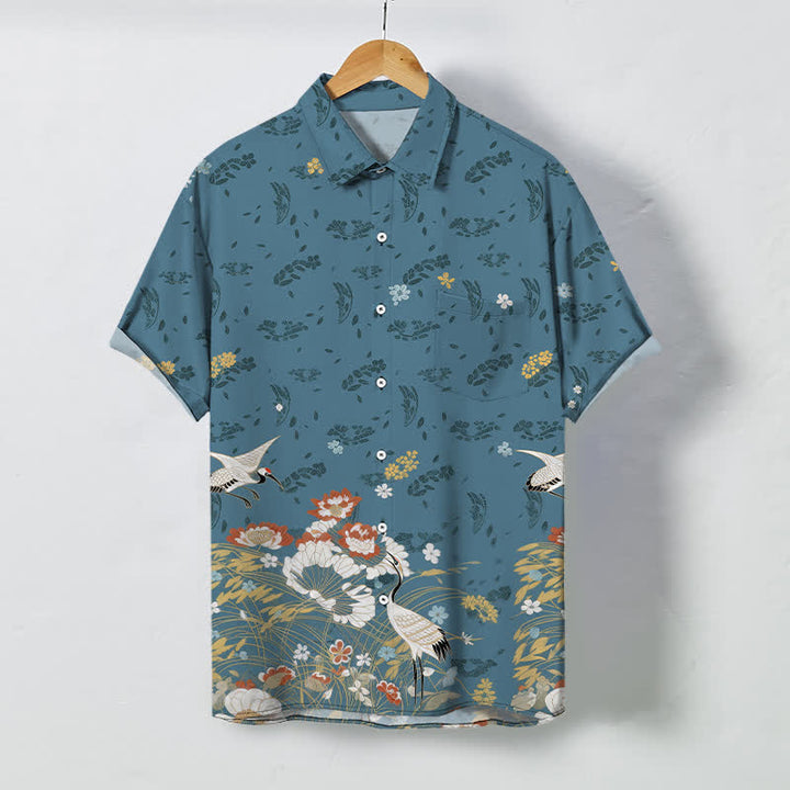 Buddha Stones Floral Crane Pattern Buttons Breathable Men's Short Sleeve Shirt - SteelBlue - US/UK/AU48，EU58 (4XL) - image 0
